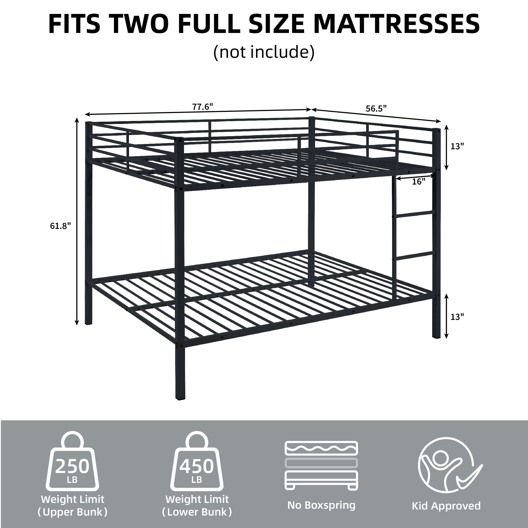 Full Over Full Bunk Bed, Heavy Duty Metal Bunk Bed Frame With Built-in Ladder And Safety Guard Rail, Low Metal Bunk Bed Frame For Kids, No Boxspring Required, For Small Spaces, Black_voghion.com